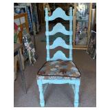 VINTAGE PAINTED LADDER BACK CHAIR WITH RETRO CUSHION 45" TALL X 20" DEEP X 19" WIDE