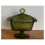 VINTAGE INDIANA GLASS "OLD COLONY" AVOCADO GREEN COVERED CANDY DISH