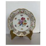 ANTIQUE SCHUMANN COUNTRY FLORAL DECORATIVE PLATE MADE IN GERMANY 9" ROUND W/ STAND