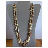 LONG DOUBLE STRAND SHADES OF BROWN NECKLACE WITH WOOD, SHELL & GLASS BEADS 27" LONG - CHECKOUT
