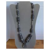 SHADES OF GREY STACKED NECKLACE METALLIC DISCS W/ SILVER ACCENTS AND DRUZY QUARTZ PENDANT 26" LONG - CHECKOUT