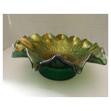 FENTON GREEN IRIDESCENT, CARNIVAL GLASS BOWL WITH HEARTS AND FLOWERS PATTERN