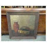 FRAMED ANTIQUE PAINTING, VASE, AND BOOKS