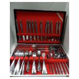 MID-CENTURY MODERN STAINLESS STEEL LARGE FLATWARE, SET WITH BOX WM ROGERS AND SON