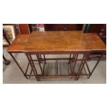 ANTIQUE WOODEN ACCORDION OR EXPANDING CONSULT TABLE WITH DROP LEAF DESIGN AND BAMBOO STYLE LEGS