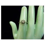 14 KARAT WHITE GOLD RING SIZE 6.25 WEIGHING APPROXIMATELY 2.9 G WITH DIAMONDS AND GREEN GEMSTONE