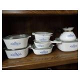 SHELF A LOT OF 13 PIECES OF CORNING WARE