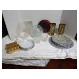 MIXED LOT OF PLATES, CRYSTAL BOWL, GLASSES, AND MORE