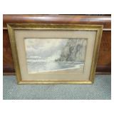 FRAMED PRINT OF BEACH AND OCEAN WATERCOLOR DATED 1904