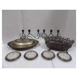LOT OF COASTERS, SILVER PLATE ITEMS