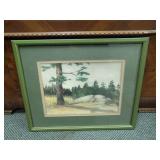 FRAMED WATERCOLOR OF TREES AND ROCKS SIGNED