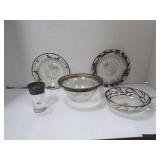 DECORATIVE LOT WITH SILVER EMBELLISHMENTS BOWLS, PLATES, AND SHOT GLASS