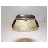 WHITE BROCADE TRUNCATED PYRAMID BAG WITH BUILT-IN COMPACT BY LEE-FRAN