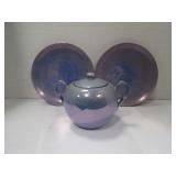 VINTAGE LUSTERWARE SUGAR BOWL AND TWO SAUCERS