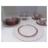 MIXED LOT OF AMETHYST, COLORED GLASS PLATES, SERVING PLATTERS AND CUPS AND SAUCERS