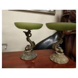 PAIR OF VINTAGE SATIN GREEN GLASS PEDESTAL CANDY DISH WITH CAST IRON METAL KOI FISH BASE