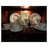 MIXED LOT OF MILK, GLASS, PITCHER, GOBLETS, CUP SAUCERS, AND PLATES