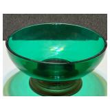 Vintage art deco green glass centerpiece bowl with brass pedestal base, believed to be Paden City Emerald Glo, see pictures for details.