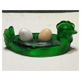 Vintage green glass nesting hen with marble eggs, originally believed to be for salt and pepper shakers, see pictures for details.