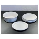 DR… Libbey porcelain bread plates, five pieces, also includes a small Corningware, French White, 16 OZ casserole dish, see pictures for details.