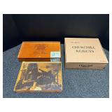Collectible cigar boxes, includes two wooden, three pieces total, see pictures for details.