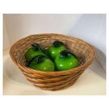 KIT...Beautiful Murano style art glass green apples, set of four, comes with woven basket, see pictures for details.