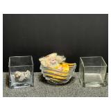 Home decor to include glass block vases, and a Bohemian crystal wave bowl, and more. See pictures for details.