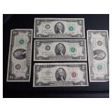 (5) $2 BANKNOTES - (1) SERIES 1963 RED SEAL/(4) SERIES 1976