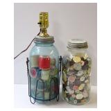 Ball Mason Jar Thread Filled Lamp and Jar filled with Vintage Buttons