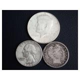 (2) WASHINGTON QUARTERS & (1) KENNEDY HALF DOLLAR COIN 90% SILVER