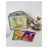 Vintage Holly Hobbie Lunchbox, Ohio Art Spinning Top, E.T. Necklace, and Three Little Kittens Book