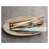 Vintage Wooden Bobbin and Spindle Lot in Large Dough Bowl