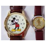 Two Disney Mickey Mouse Wristwatches with Leather Bands - One band needs repair. Both need batteries