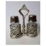 Silver Tone Salt and Pepper Shaker Set with Stand