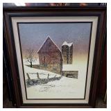 Framed Print of Winter Barn Scene- Signed