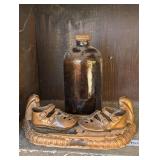 OLD DECORATIVE BABY SHOE DISPLAY AND OLD BOTTLE
