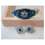 Silver Tone Bracelet with Floral Design and Blue Stone Earrings Set