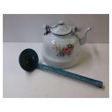 Floral Enamelware Tea Kettle with Markings and Ladle