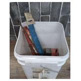 BUCKET FILLED WITH EXTRA LONG LARGE SIZE DRILL BITS, MASONRY BITS, DRILL BIT INDEX BOXES, AND MORE