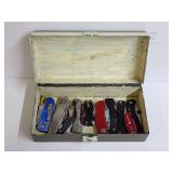 Collection of Box Cutters, Multi-Tools & Pocket Knives in Vintage Storage Box
