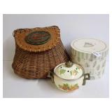Decorative Storage Boxes, Woven Basket, and Enamelware Pot