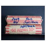 (2) ROLLS 2009 RAIL SPLITTER PENNIES