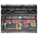 LARGE TOOLBOX AND CONTENTS INCLUDING CIRCLE CUTTER TOOL, MILWAUKEE TILE AND NATURAL STONE BIT SET, TURNBUCKLE, WATER HEATER THERMOSTAT SOCKET, AND MORE