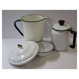 White Enamelware Pitcher, Teapot, Lid, and Bowl