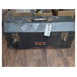 CHISELS, PUNCHES, AND MORE, LOT INCLUDES VINTAGE SIMMONDS METAL TOOL BOX