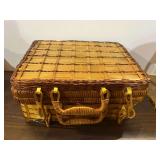 Miniature porcelain doll tea set, comes in a small wicker picnic basket, see pictures for details.