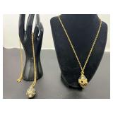 Joan Rivers Fabergé-inspired black enamel and gold-tone egg pendant necklace with diamanté and cabochons, also includes a vintage Joan Rivers Imperial Blue Enamel & Pearl Faberge Egg Pendant Necklac