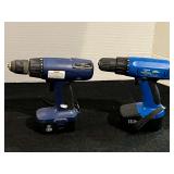Drillmaster 18 V cordless drills, set of two, working condition unknown, each has a battery, no chargers, see pictures for details.