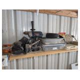 ALL ITEMS IN SHELF AREA MARKED 9015 INCLUDING PALM SANDER, DRILLS, CRAFTSMAN SOLDERING GUN, STANLEY STAPLER, HARDWARE, TIRE REPAIR KITS, AND MORE