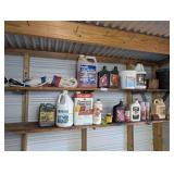 CONTENTS OF TWO SHELVES MARKED 9158 INCLUDING WATER SKI ROPE WITH PAIR OF HANDLES, AUTOMOTIVE CHEMICALS, SPRAY PAINT, AND MORE